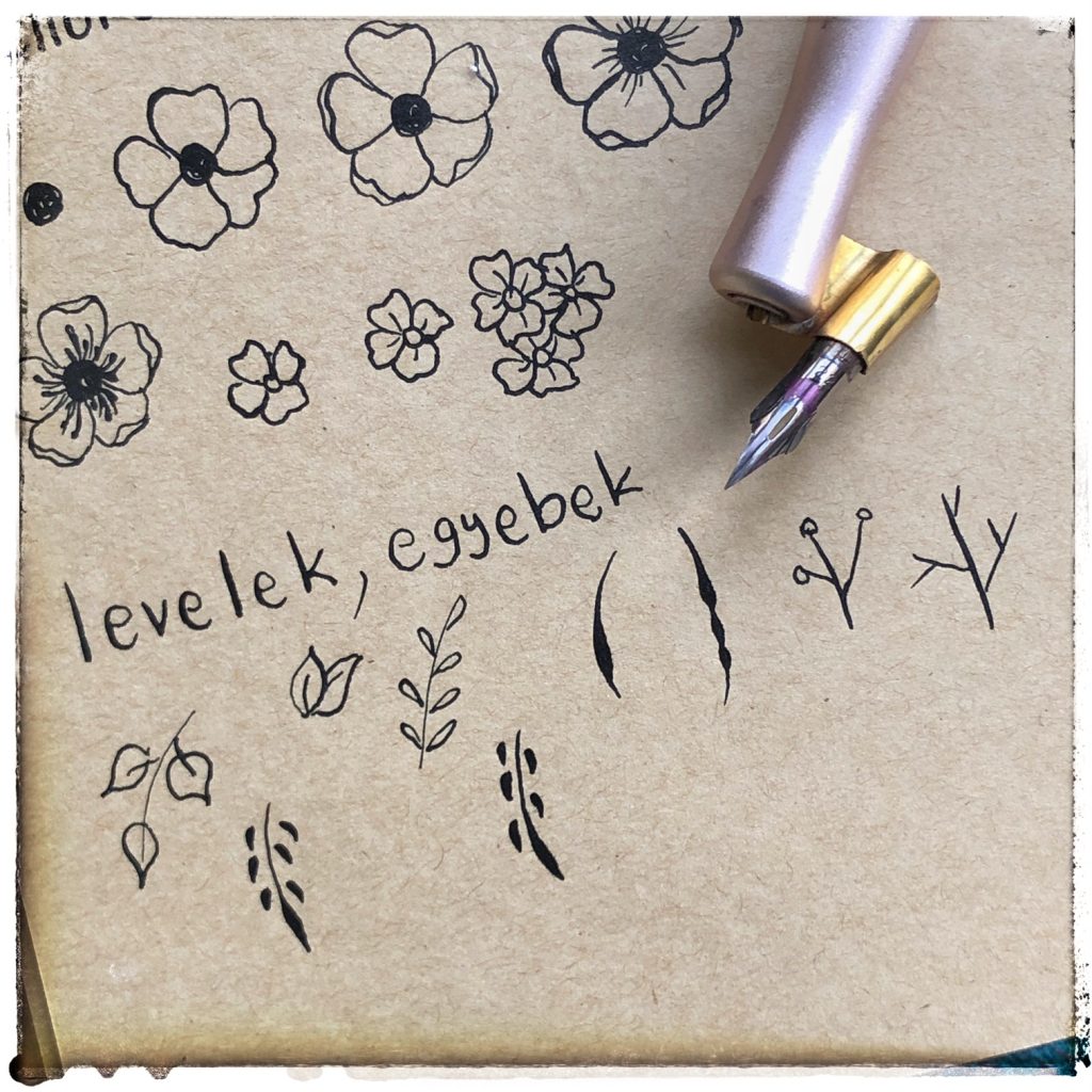 levelek, egyebek mártogatós tollal